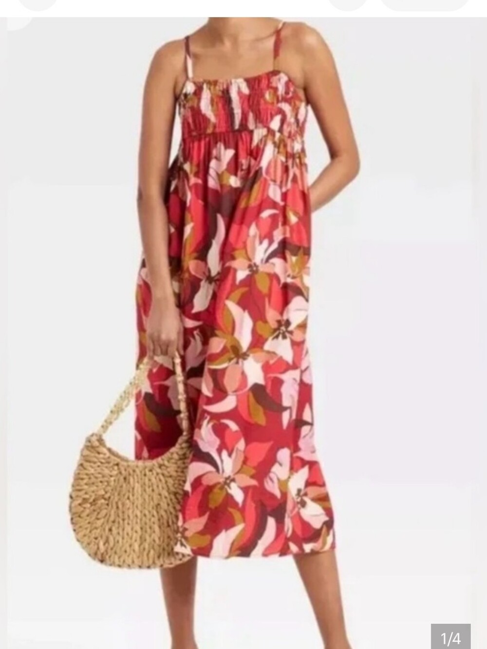 a new day Red Pink Floral Smocked Midi Dress